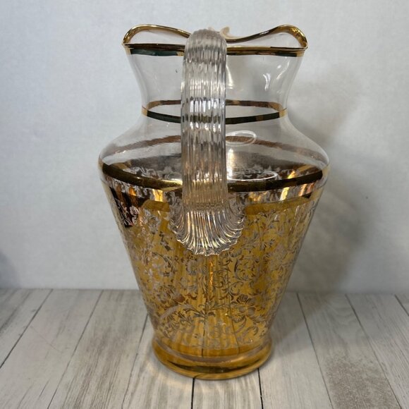 Vintage MCM Pitcher with 5 Tumblers Gold Embellished Floral Rose Design SET - Picture 3 of 10